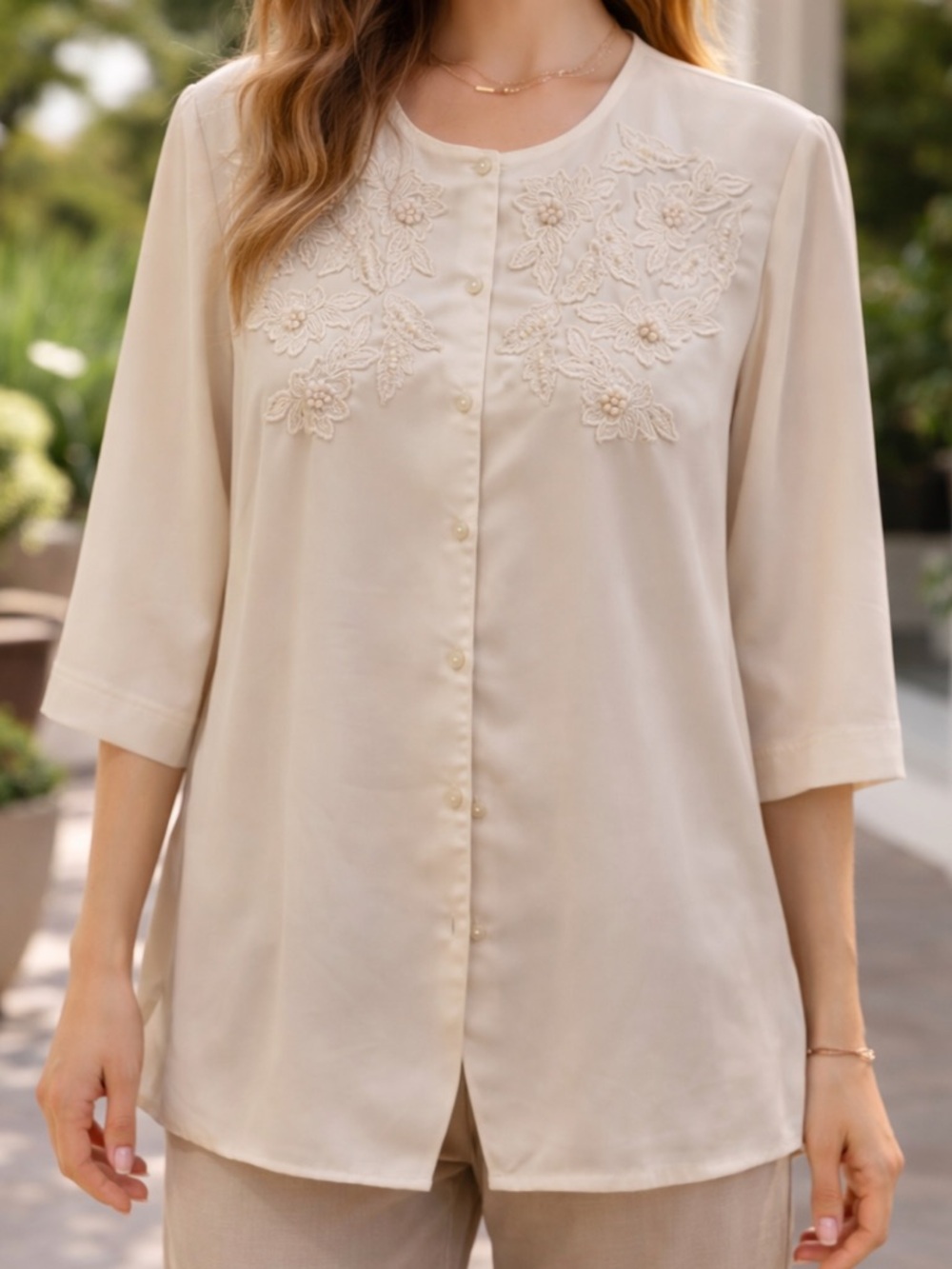 Elegant Cream Embroidered Button-Front Blouse